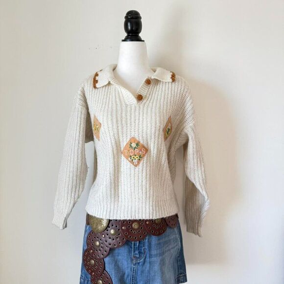 80s cottagecore glittery collared sweater with patchwork details knitwear - Picture 1 of 7
